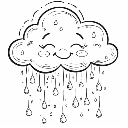 Clouds with a smile and raindrops falling. Coloring book page