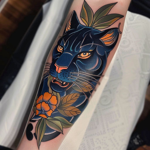 Neo-traditional black panther tattoo, rich in color and detail