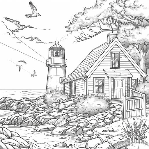 Seaside cottage with lighthouse and seagulls flying over