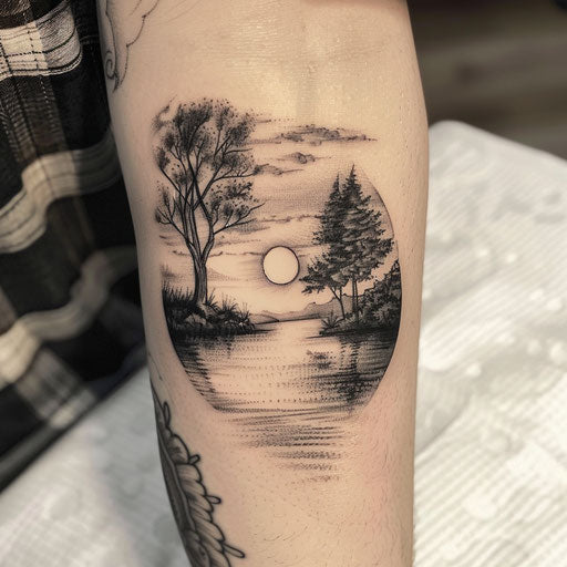 Black and grey detailed landscape sunset tattoo
