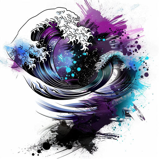 Abstract Japanese wave tattoo sketch with purple and blue splashes