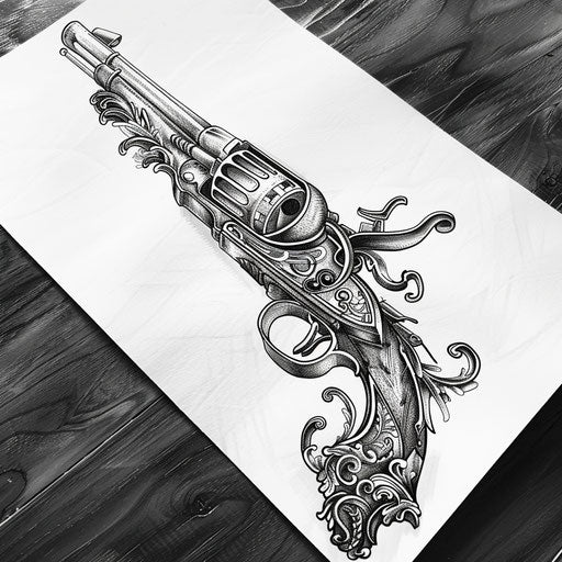 Flintlock pistol tattoo design with intricate scrollwork