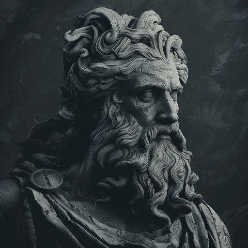 Zeus clipart rendered in a realistic style on a flat, dark charcoal background, accentuating dramatic contrast and intricate detail
