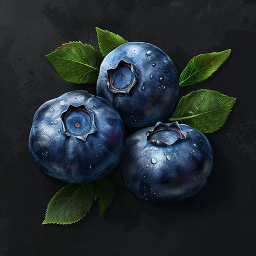 Blueberry illustration rendered in realistic style on a flat, dark charcoal background, accentuating dramatic contrast and intricate detail