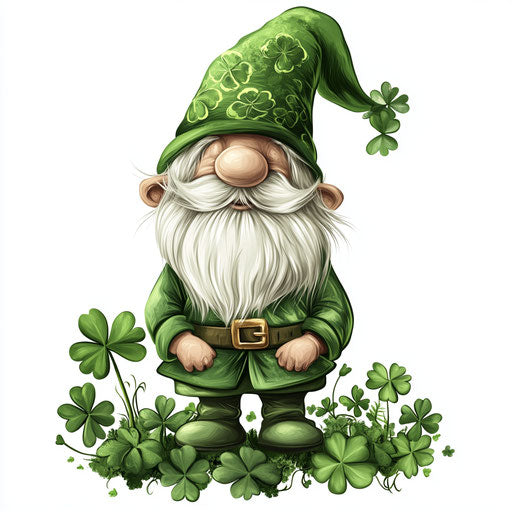 St. Patrick's Day, gnome with hat and clovers on white background