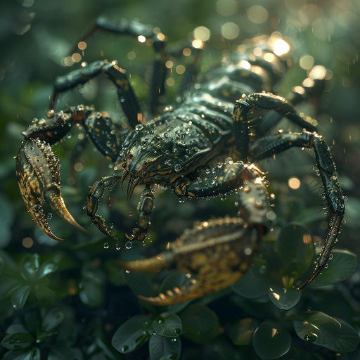 A scorpion with morning dew droplets on its exoskeleton