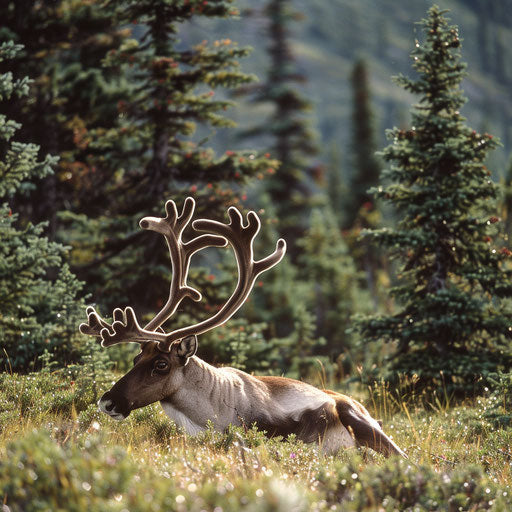 Peaceful caribou resting in a meadow at the edge of a pine forest
