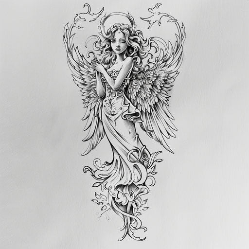 Art Nouveau-inspired guardian angel tattoo