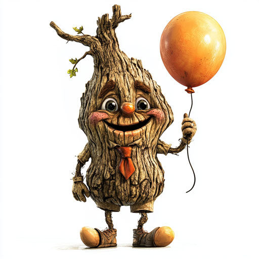 Humorous caricature of a tree trunk with human characteristics and balloon