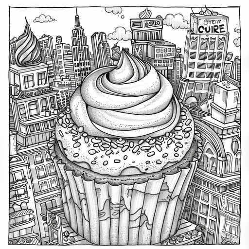 Detailed cupcake in a city setting in Stephen Wiltshire style