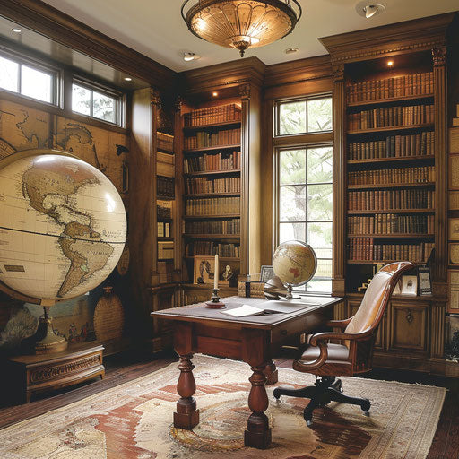 Home office with large map or world globe