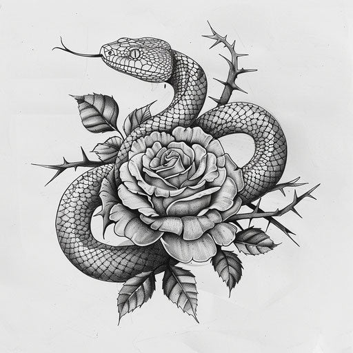 Tattoo sketch of a snake coiled around a rose