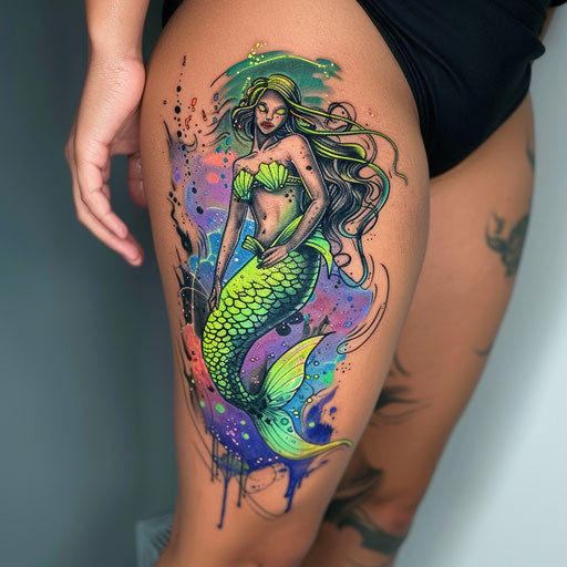 Neon mermaid tattoo, vibrant colors on white