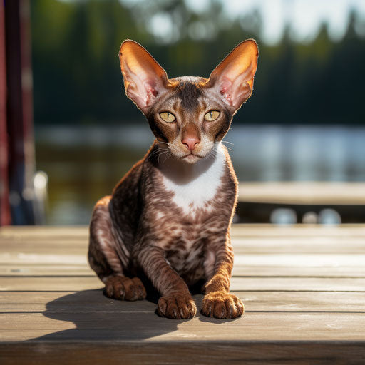 cornish rex cat lying on a dock