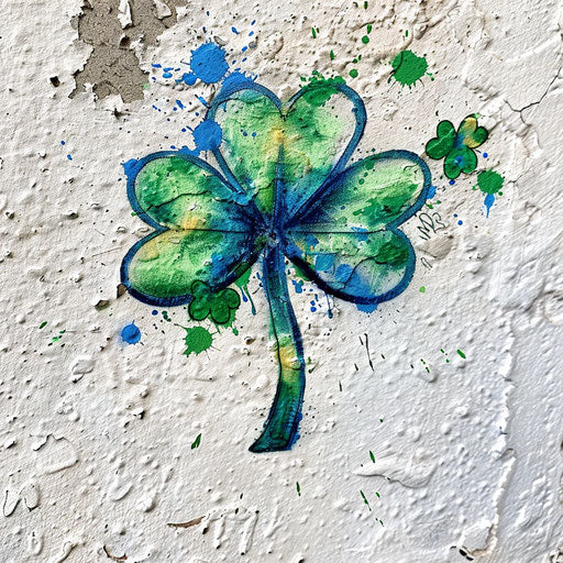 Graffiti-style shamrock tattoo with vibrant green and blue spray paint effects on white urban wall texture
