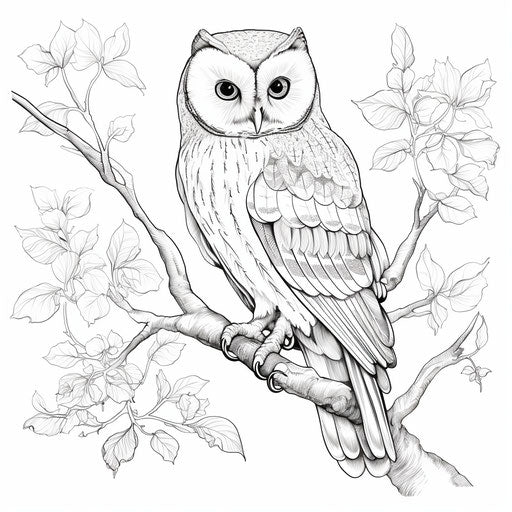 Owl on a branch coloring pages, in the style of captivating, realistic detailing