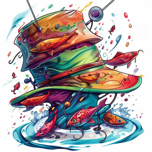 Colorful and playful fisherman's hat with hooks and baits