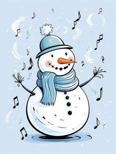 Snowman with music notes, sketchy black outlines 3:4