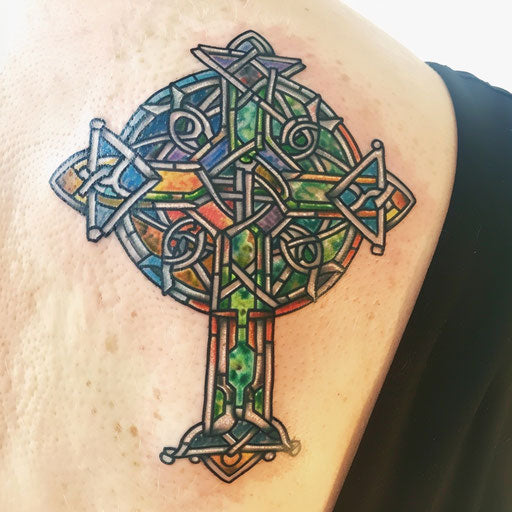 Stained glass Celtic cross tattoo, vibrant colors