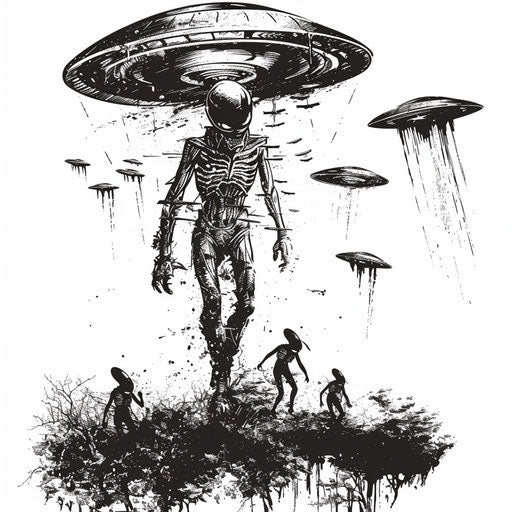 Eerie alien kidnapping with UFOs, horror tattoos designed for white backdrop