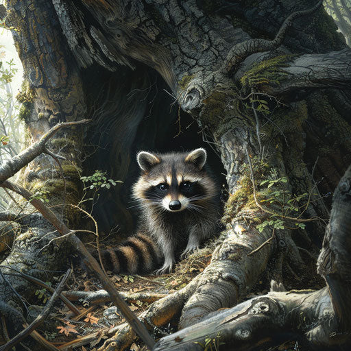 Morning watch of raccoon under tree root