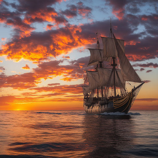 The Mayflower under a sky of orange and pink, gentle waves