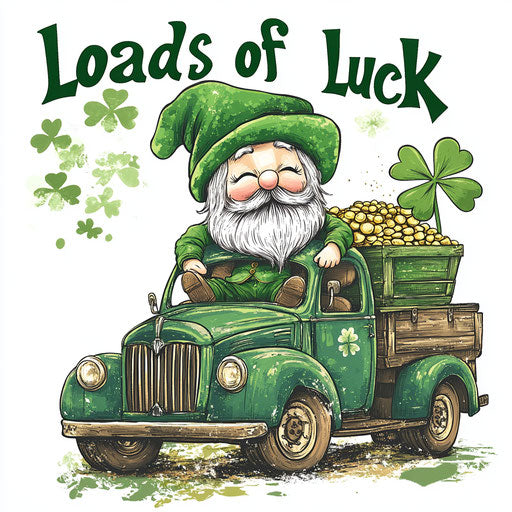 Charming green elf on vintage truck with clover and gold