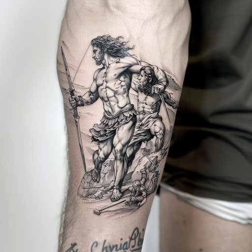 Victory of David over Goliath in black and gray tattoo