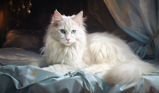 White cat on bed, dark gold and light blue style