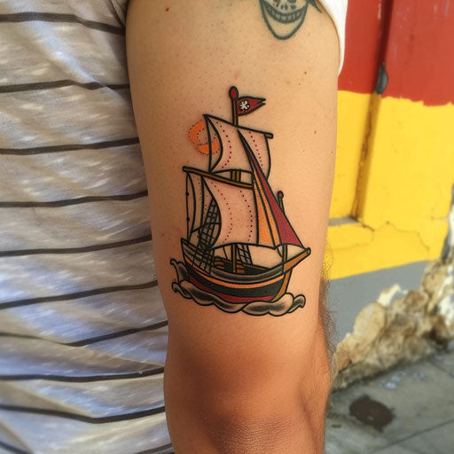 Simple tattoos for men of a pirate ship, in the style of Sailor Jerry
