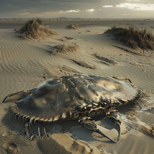 Horseshoe crab nestled in sandy dunes with evening light