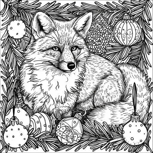 Festive fox with holiday decorations coloring page