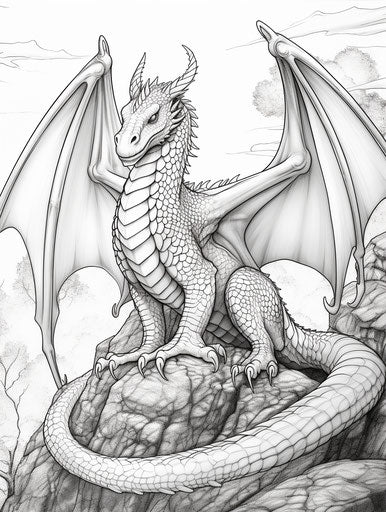 Dragon coloring page with wings, nikon d850 style