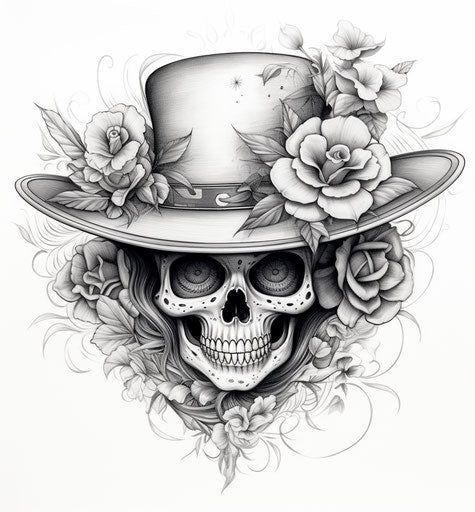 Skull with sombrero and flowers, intricate dotwork style