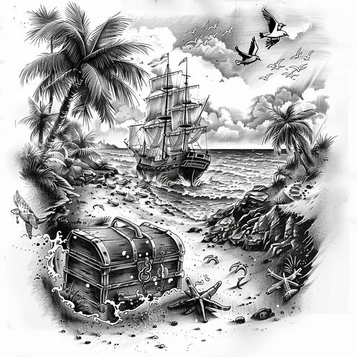 Shipwreck and treasure on beach