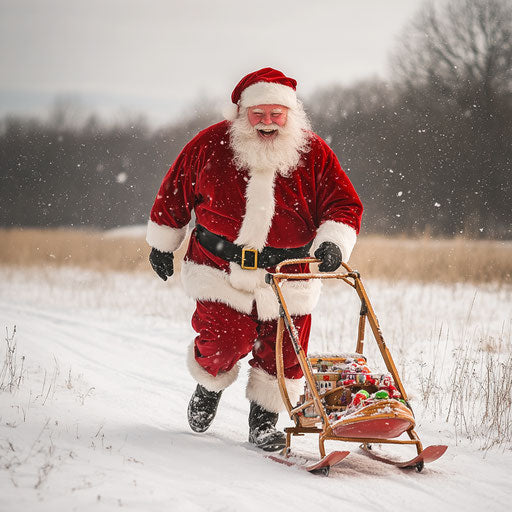 Santa Claus in a snowy field, testing out new toys like sleds and skates, his laughter carrying on the wind.