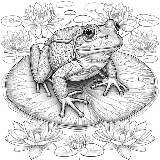 Playful frog on a lily pad, Gennady Spirin style, coloring page