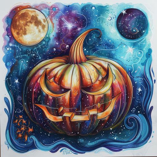 Mystical tattoo sketch of a pumpkin with celestial stars and moon phases in mystical colors