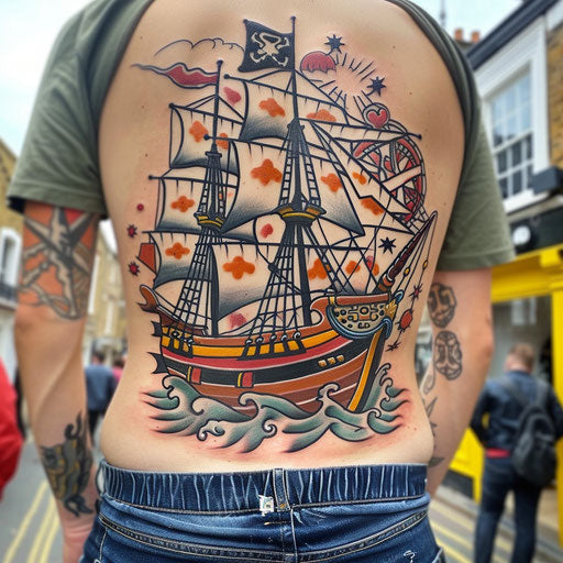 Lower back tattoo of a pirate ship, Sailor Jerry style