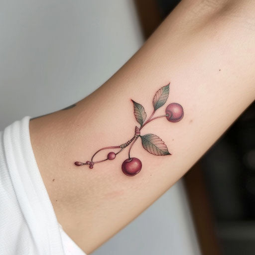Nordic style cherry tattoo with minimalist design and cool colors on white canvas