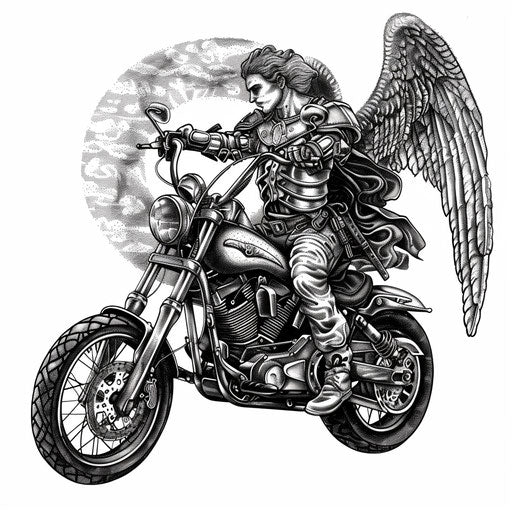 Dotwork tattoo of Archangel Michael with futuristic motorcycle