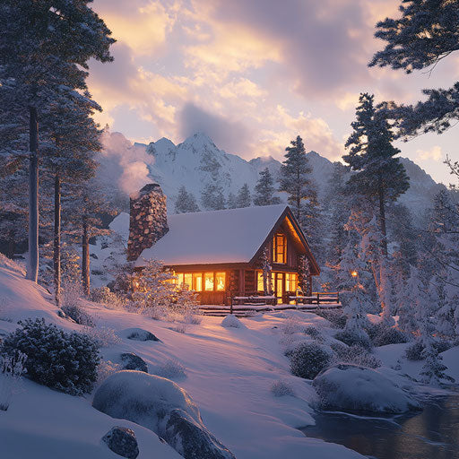 Cozy mountain cabin at dusk, snowy landscape and warm light in the windows
