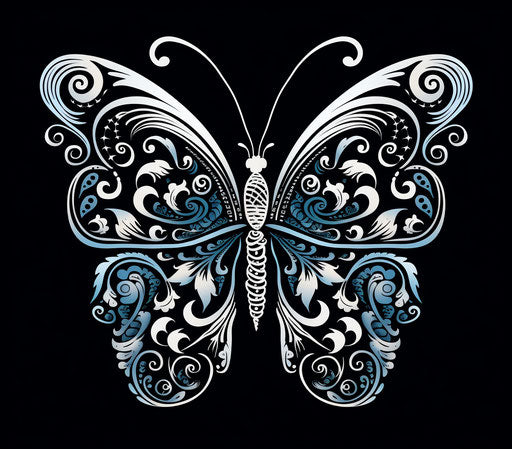 Black butterfly with ornate designs, abstract and stylized