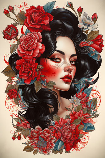 Woman with flowers in hair, classic tattoo style