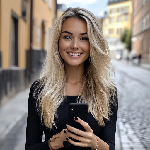 Smiling blonde woman walking with phone in Sweden