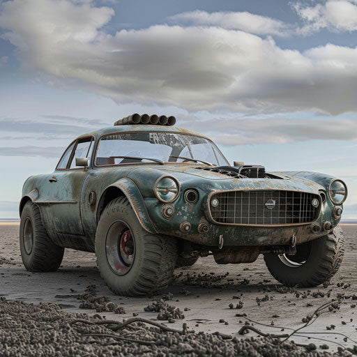 Post-apocalyptic Survivor: 1966 Volvo P1800 with armor plating and off-road modifications, in a barren landscape.