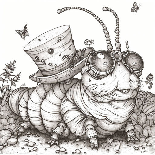 Whimsical caterpillar in top hat and monocle