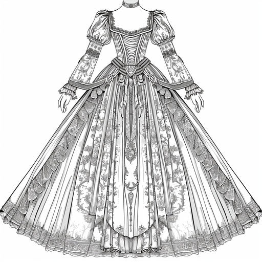Detailed Renaissance dress with elaborate patterns, historical