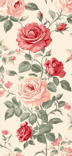 Pink rose pattern with large red and white bouquet