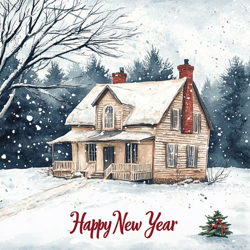 Vintage farmhouse in the snow, watercolor illustration